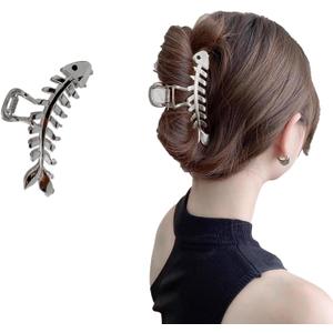 New 1 Piece Silver Hair Clip Fish Bone Large Size Hair Claw Clips for Thick Hair & Thin Hair Nonslip Metal Hair Accessories Fashion Styling for Women Girls