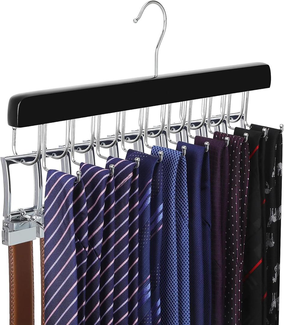 TOPIA HANGER 20 Hooks 2 in 1 Belt Tie Hanger for Closet Max 30 Belts with 30 Ties Capacity, Belt Tie Racks Wooden Hanger for Closet Organizer Storage U Fit for Belt and  Fit for Tie - CT47B (Black)