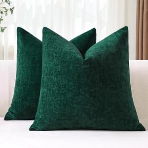 OTOSTAR Pack of 2 Throw Pillow Covers 24x24 Inch Soft Chenille Dark Green Farmhouse Decorative Pillow Covers Solid Cushion Case for Sofa Bed Living Room Couch (Dark Green)