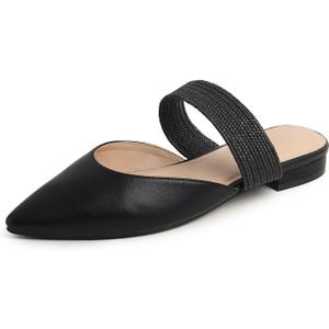 FEVERSOLE Women's Pointed Toe Fashion Mules Low Heel Flats Casual Summer Slide (8.5, Black Vegan Leather Raffia Strap)