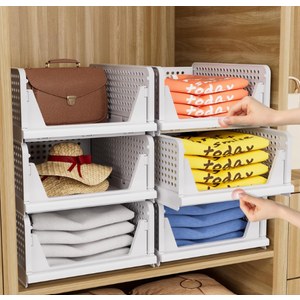 5 Pack Closet Organizers Storage Box, Closet Storage Stackable Storage Bins, Plastic Drawer Basket for Wardrobe Cupboard Kitchen Bathroom Office, White