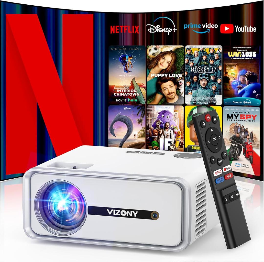 [Netflix Officially/Dolby Audio] Smart Projector with WiFi and Bluetooth, VIZONY Native 1080P Projector with Apps Built in Netflix, Youtube, Hulu, Disney+, Portable Mini Projector for Indoor/Outdoor (White)