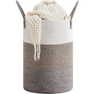CLHMILY&Z 40L Laundry Basket Round Storage Rope Basket - 13x18 Inches - Laundry Hamper in Bedreoom and Mutil Storage Bin for Blankets, Toys, and Nursery Essentials (Brown & White)