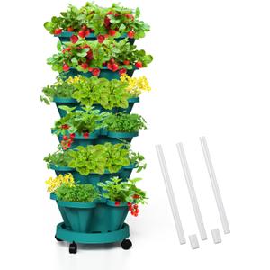 Strawberry Vertical Planters Tower Garden 3 Pack, 7 Tiered Stacking Herb Vegetable Planter with Support Pole Indoor and Outdoor - Hunter Green