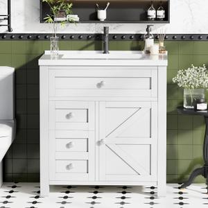 JUMMICO 30'' Bathroom Vanity with Single Sink Combo, Freestanding Modern Bathroom Sink Cabinet, 2 Drawers & 1 Flip-Down Drawer1 Door with Side Storage (White)