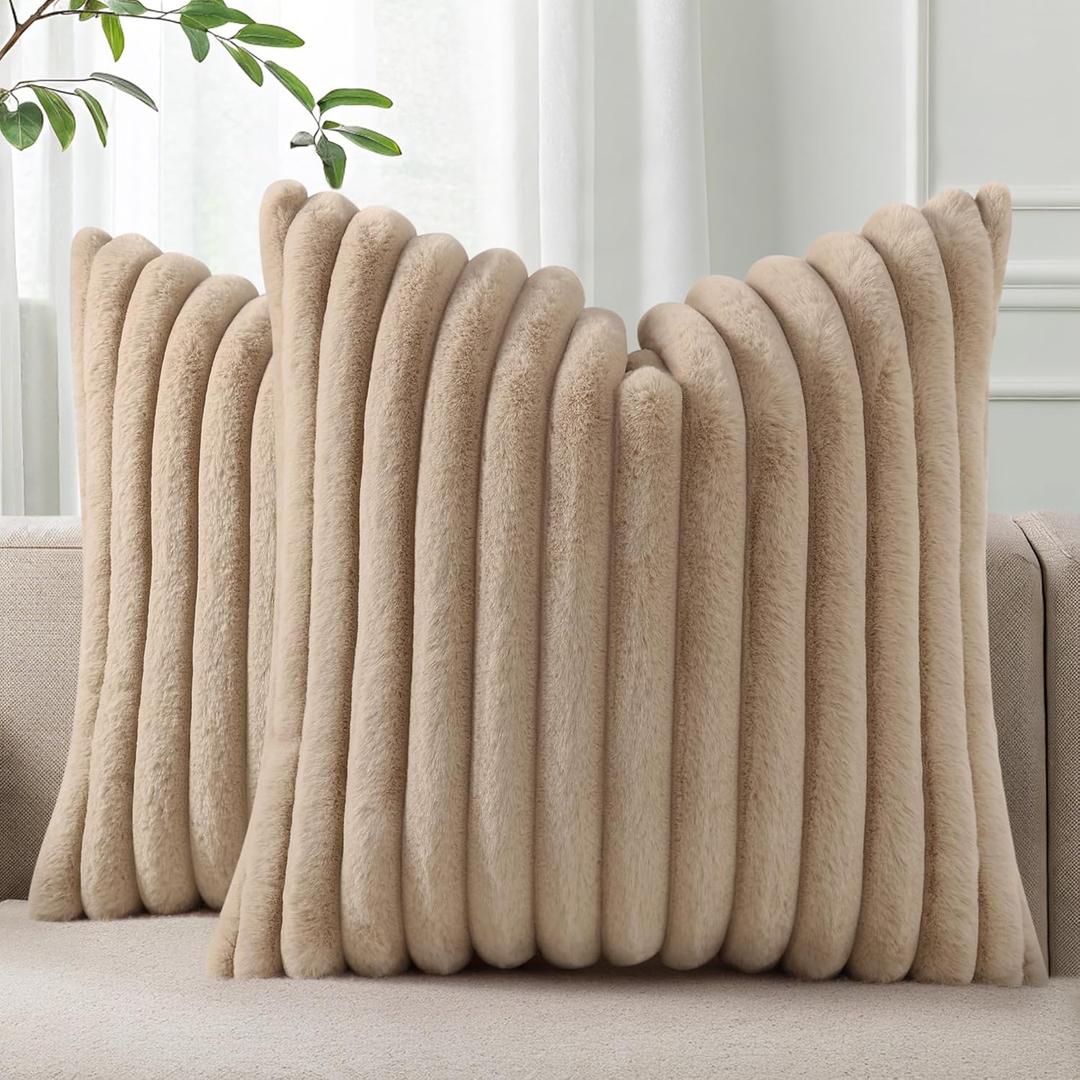 Pallene Faux Fur Plush Throw Pillow Covers 18x18 Set of 2, Luxury Soft Fluffy Striped Decorative Pillow Covers for Sofa, Couch, Living Room, Khaki