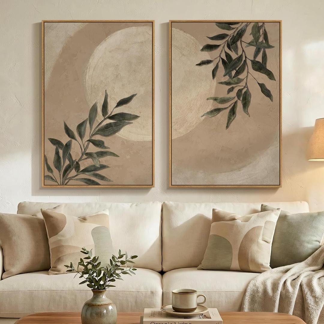 Large Framed Botanical Moon Wall Art for Living Room, Vintage Neutral Nature Canvas Painting Prints Set of 2, Rustic Farmhouse Minimalist Leaf Wall Decor for Bedroom Dining room Hallway, 24x36 Inch