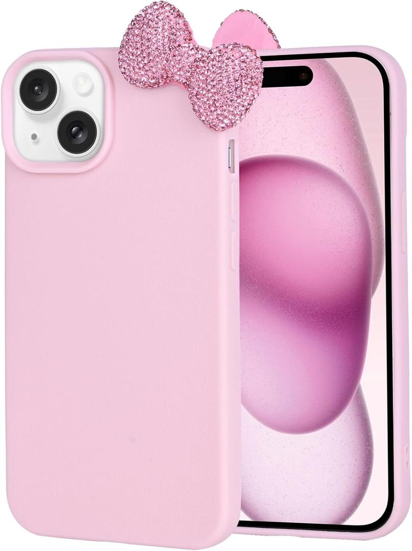 Cases for iPhone 13, Luxury Glitter 3D Rhinestone Bow Phone Cover Soft Litchi Pattern Protective Phone Case for iPhone 13 6.1" 2021 (Pink)