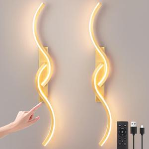 Battery Operated Wall Sconces, Rechargeable Wall Sconces, 3000K-6500K LED Wireless Wall Light, Modern Wall Lamp not Hardwired for Living Room Bedroom Hallway (Gold), 31.49 inch