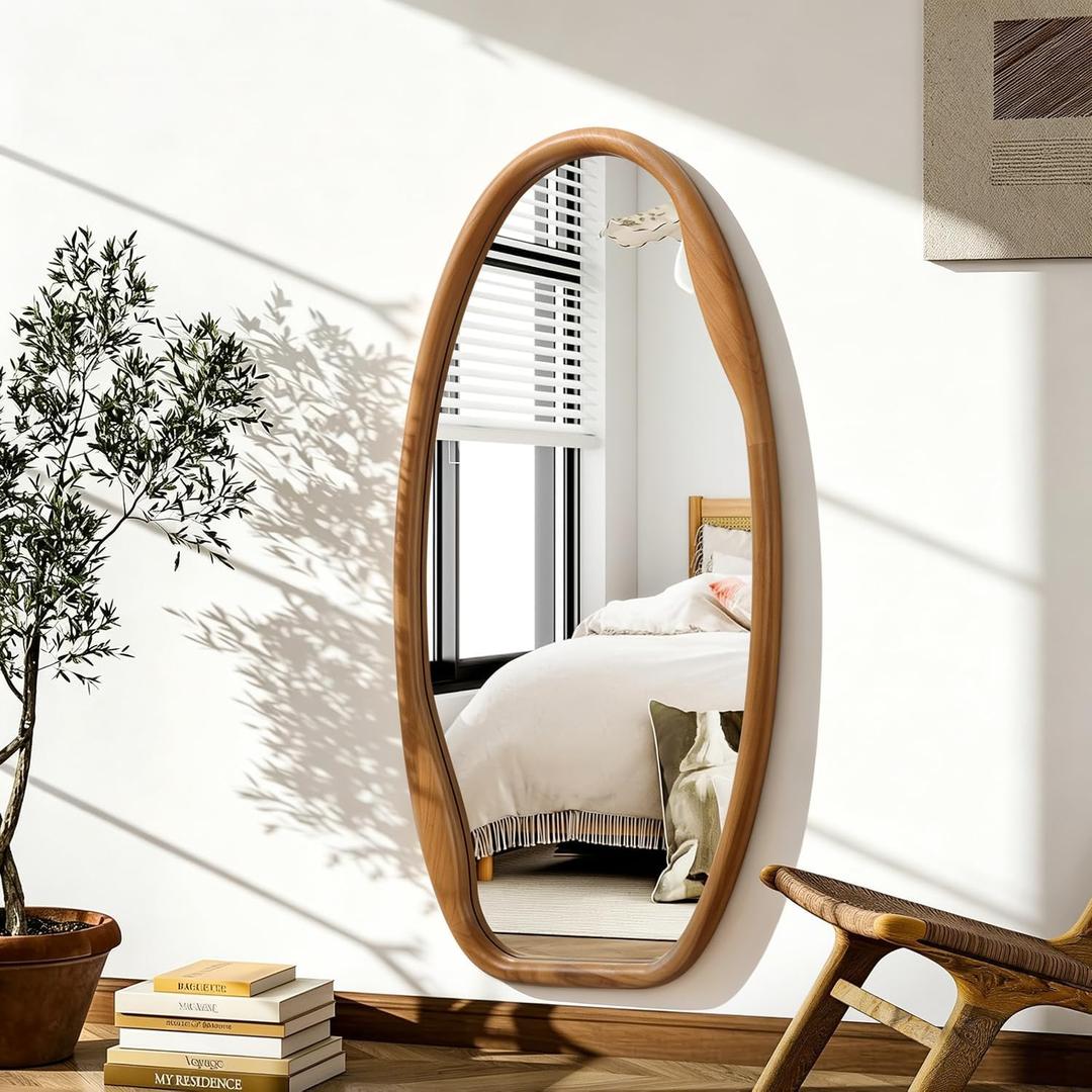 JJUUYOU Wooden Frame Wall Mirror Irregular Mirrors for wall 40"X20" Asymmetrical Decorative Vintage Hanging Mirror for Bathroom Bedroom Living Room Cloakroom Entryway Brown