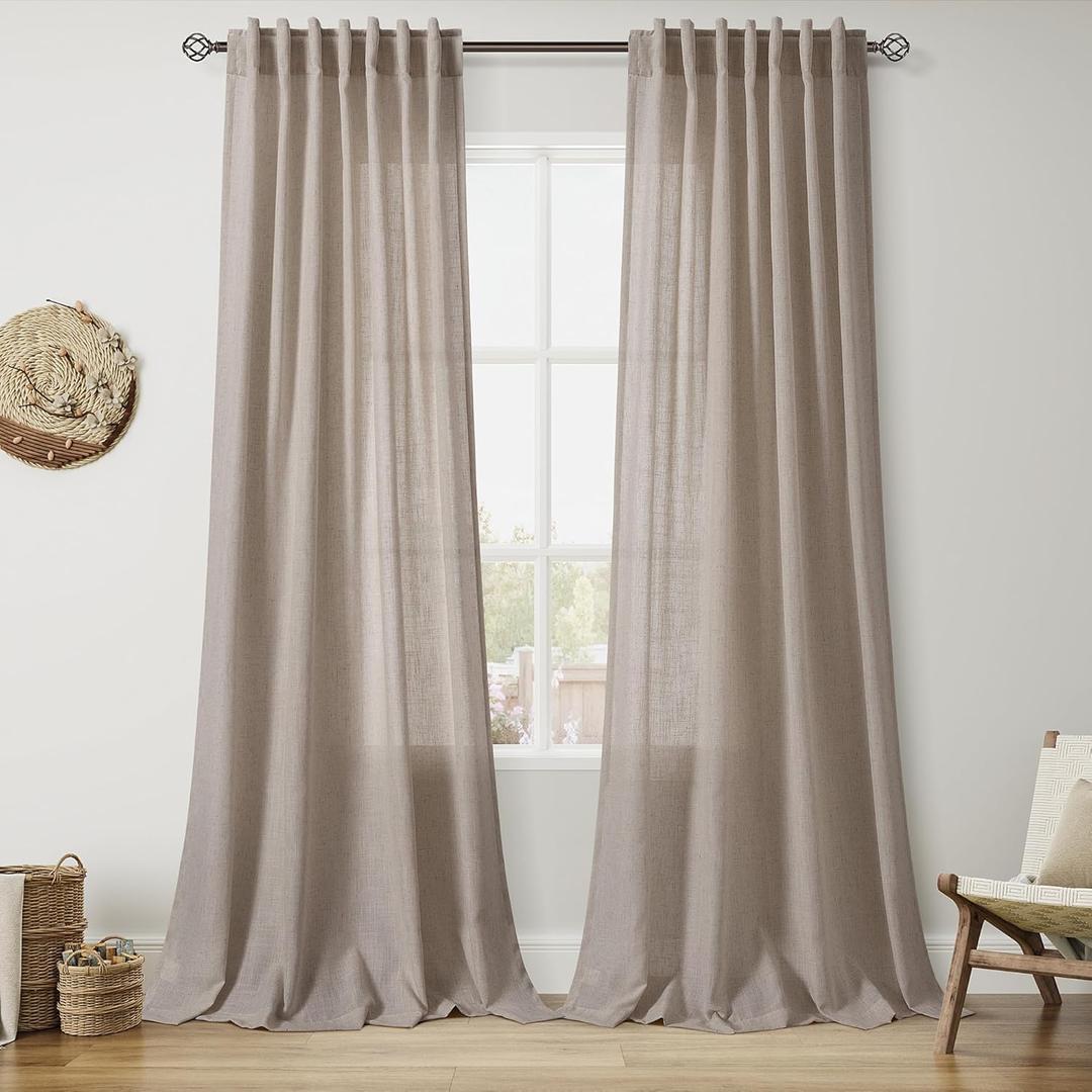Nanspring Ecru Curtains 90 Inches Long for Living Room Linen Blend Light Filtering Semi Sheer Curtain Back Tab Rod Pocket Rustic Decor Natural Farmhouse Elegant Drapes for Bedroom 52x90, 2 Panels