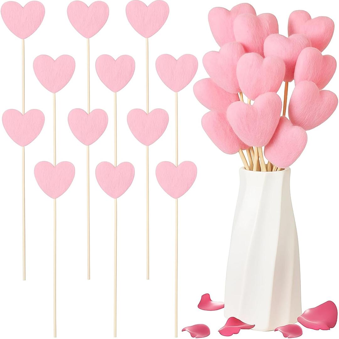 12 Pcs Valentines Day Heart Picks Felt Valentines Picks Galentines Bouquet Heart Flower Felt Stick Use As Gift Artificial Bouquet Centerpiece Vase Filler Cake Topper DIY Crafting(Pink)