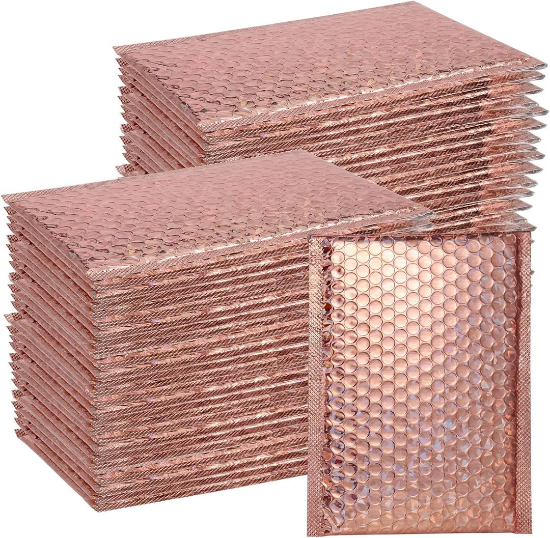 SINJEUN 50 Pieces 6 x 10 Inch Holographic Bubble Mailers, Rose Gold Metallic Padded Bubble Mailers, Glamour Self Sealing Cushion Envelopes for Mailing, Shipping and Packing