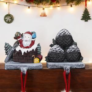 Stocking Holders for Mantle  3D Christmas Stocking Holder Heavy Duty Cast Iron Garland Hangers for Mantel with Non-Slip Base | Xmas Decor, Sturdy Fireplaces Hook (Pine Cone and Santa)