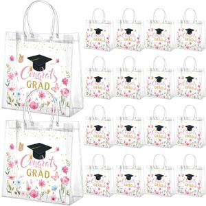 Resholder 24 Pcs Graduation Gift Bags Bulk 2026 Congrats Grad Clear Pink Floral Reusable PVC Bags with Handles for High School, College, Graduation Party Favors, 8x8x3.15 Inch, 1 count