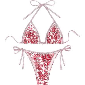 Women's Floral Printed Bathing Suit Halter Paisley Summer Swimsuit Bikinis Set (Large, Red)