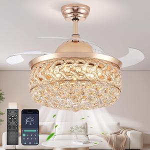 Crystal Chandelier Ceiling Fan with Light Retractable Invisible Blade LED Lighting with Remote Control 6 Speed 3 Lighting Change Black Fandelier with Memory Function 48 Inch Gold