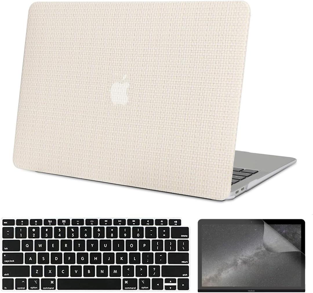 Compatible with MacBook Air 13 Inch Case with Touch ID 2021 2020 2019 2018, Model A2337 M1 A2179 A1932, Classic Braided Pattern Hard Plastic Case with Keyboard Cover & Screen Protector, White