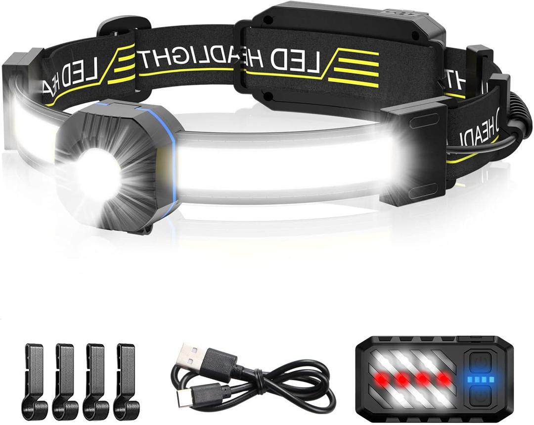 LED Headlamp, 1000lumens 230 Widebeam Headlight, USB Rechargeable HeadLamp with Red Taillight, Lightweight Waterproof Headband Light for Camping Running Hiking, Hard Hat Headlamp