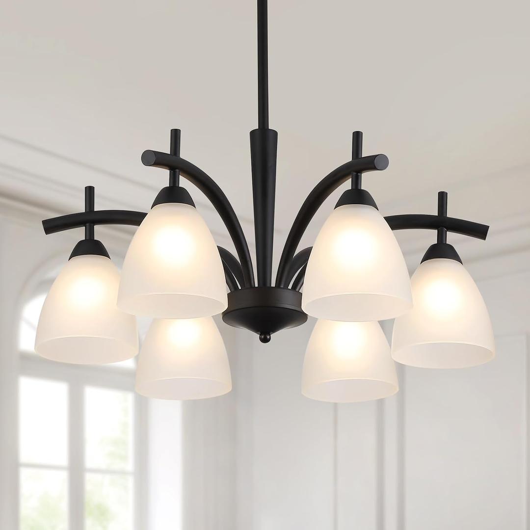 Q&S Modern Farmhouse Black Frosted Glass Chandelier Rustic Kitchen Light Fixtures 6 Lights for Dining Room Living Room Foyer Entryway Bedroom UL Listed D25.6 Inches, Black 