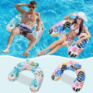 ANNIL2 Pack Adult Inflatable Pool Floats Chair, Water Leisure Inflatable Floating Chair,Drink Holder, Ergonomic Headrest,Pool Floaties for Adults Swimming Pool Party, Summer Water Fun (Green & Blue)