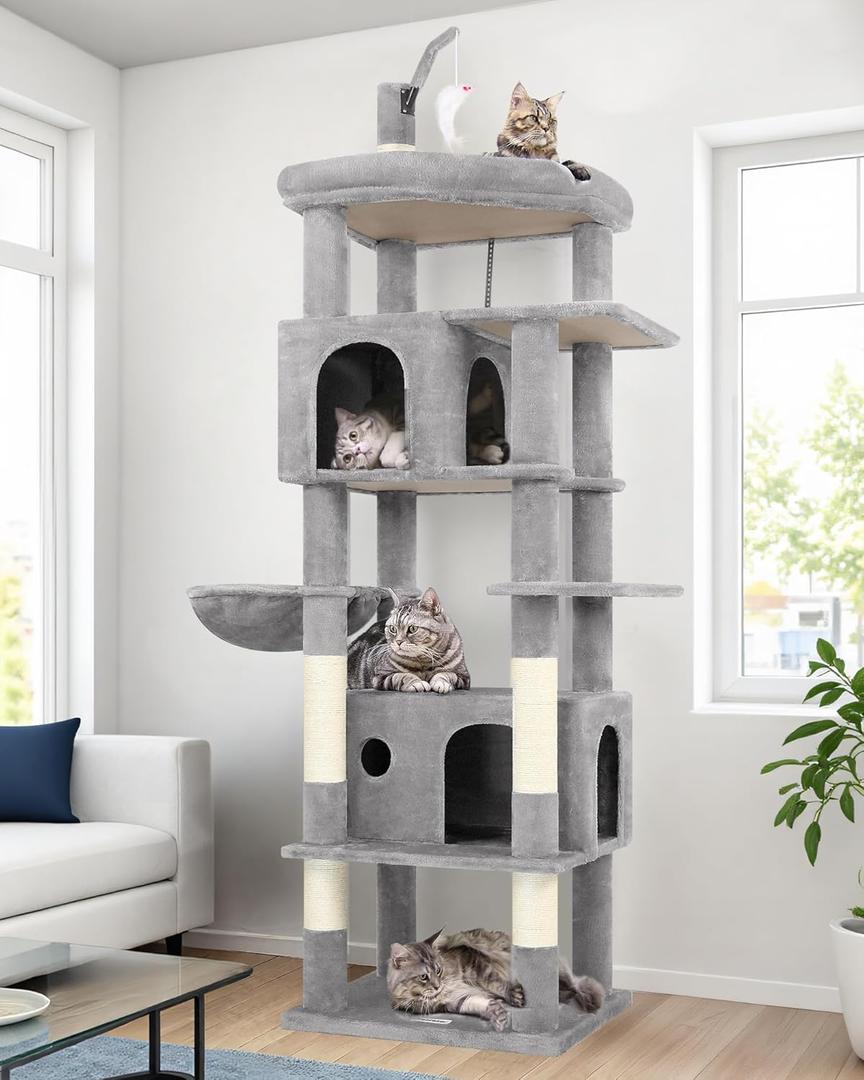 Globlazer Large Cat Tree Tower, Tall Cat Tree Condos for Indoor Cats Large Adult Cat Climbing Tower with 2 Spacious Caves, Oversized Top Perch, Big Hanging Basket, Cat Teaser Wand, F74B, Light Grey (74inch) Globlazer Large Cat Tree Tower, Tall Cat Tree Condos for Indoor Cats Large Adult Cat Climbing Tower with 2 Spacious Caves, Oversized Top Perch, Big Hanging Basket, Cat Teaser Wand, F74B, Light Grey (74inch)