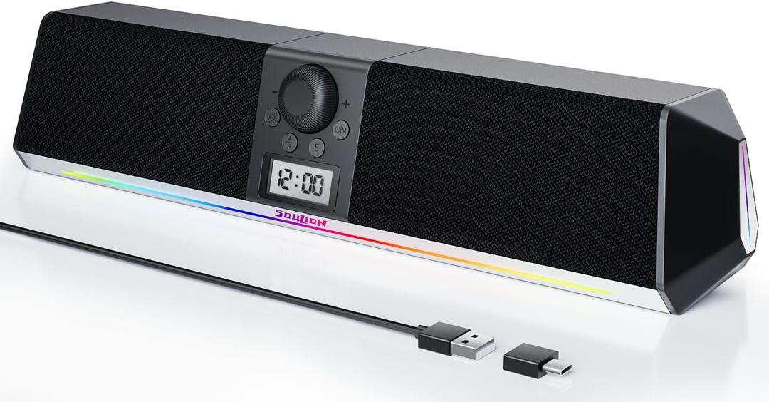 SOULION R80 Bluetooth Computer Speakers, USB Plug & Play PC Speakers with Digital Clock Display, Clear Sound Soundbar with Colorful LED Lights for Desktop Monitor Laptop (USB Adapter Included) (Black)