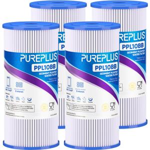 PUREPLUS 5 Micron 10" x 4.5" Whole House Pleated Sediment Filter for Well Water, Replacement Cartridge for GE FXHSC, Culligan R50-BBSA, Pentek R50-BB, DuPont WFHDC3001, W50PEHD, GXWH40L, 4Pack