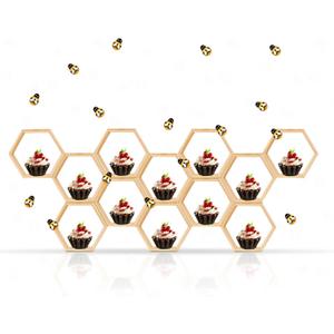 15 Pcs Hexagon Honeycomb Cupcake Stand, Wooden Cupcake Stand with 30 pcs Little Bee Decorations for Baby Shower and Boy/Girl Birthday Party