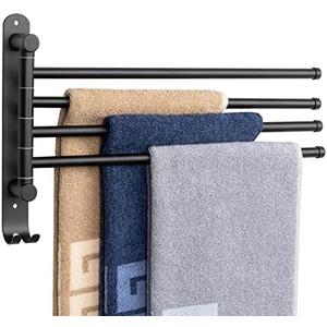 NearMoon Swivel Towel Rack, Thicken SUS304 Stainless Steel 4-Arm Towel Bar, Space Saving Wall Mounted Towel Holder with Hook, Rustproof Swing Out Towel Hanger for Bathroom, Kitchen (Matte Black)