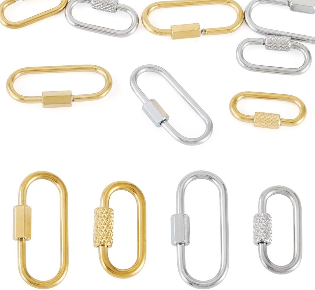 FASHEWELRY 8Pcs Stainless Steel Screw Carabiner Brass Lock Charms Oval Golden Mini Screw Lock Jewelry Keychain Necklace Clasps for Jewelry Making Handbag Purse DIY Accessories 21/29mm