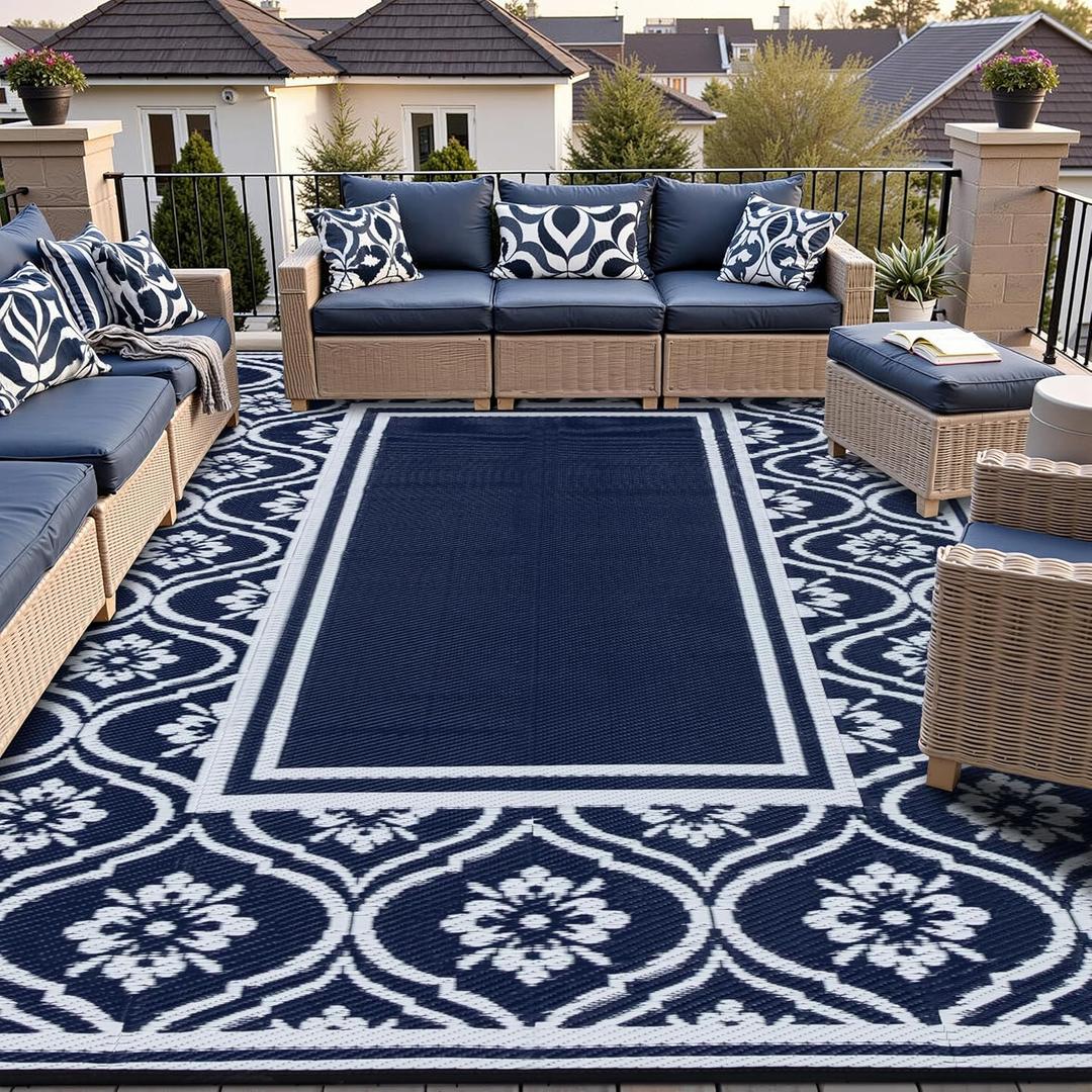 Outdoor Rug 8x10 Patio Camping Carpet Waterproof Mat Blue Outside Plastic Area Rug Reversible Rugs for RV Deck Entrance Porch Picnic Balcony Beach (8x10ft Navy Blue & White)
