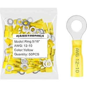 haisstronica 50pcs 5/16" Yellow Marine Grade Heat Shrink Ring Connectors,12-10 Gauge Tinned Red Copper 1mm Ring Terminals Connectors,Brazed-Seam Insulated Electrical Crimp Wire Terminals