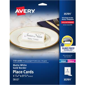 Avery Printable Place Cards with Sure Feed Technology, 1-7/16" x 3-3/4", White with Gold Border, 150 Blank Tent Cards for Laser or Inkjet Printers (35701)