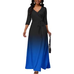 AOMONI Maxi Dress for Women Gradient Casual Long Sundress V Neck 3/4 Sleeves with Belt (Medium, 1-black Blue)