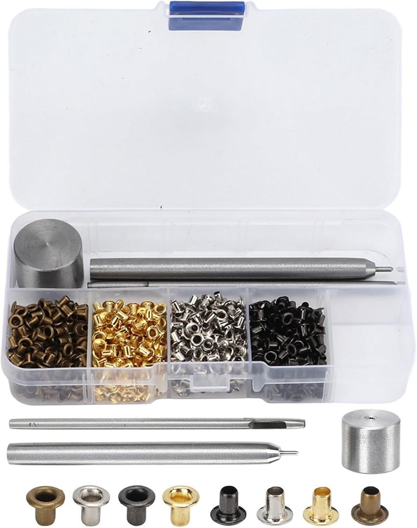 2mm Grommets Eyelets kit with Tool, 800PCS 4 Colors Grommets 2mm Plated Copper Metal Grommet Kit Shoelaces Belts Eye Buckles with Plastic Storage Box