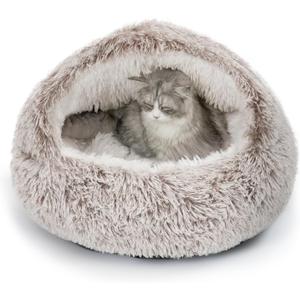 CATISM Cat Bed, Plush Hooded Cat Beds for Indoor Cats, Self Warming Cats Beds Cave, Cozy Pod for Indoor Kitten or Small Dog, Removable Washable with Non-Slip Bottom (25.0"L x 25.0"W x 19.0"Th, coffee)