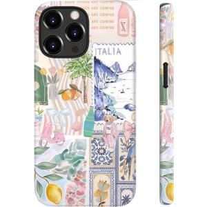 for iPhone 13 Pro Max Case Cute - Wireless Charging Compatible - Dual-Layer Hard Shell + Silicone Cover - Aesthetic Protective Phone Case for Women - Coquette Italian Summer Collage Coastal