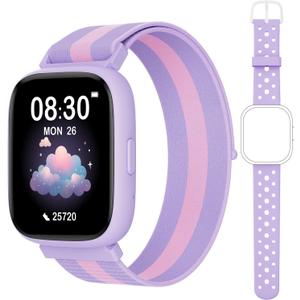 Smart Watch for Kids No Phone No APP Needed, 1.83" Fitness Tracker Watch with Pedometer, Step Counter Heart Rate/Sleep Monitor, IP68 Waterproof, Puzzle Games for Girls Teens 5-12, Nylon (Lilac)
