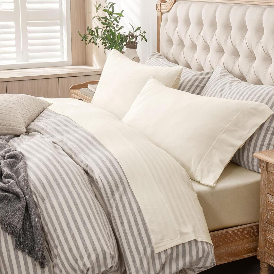 PURE ERA Jersey Knit 4pc Bed Sheet Set 100% T-Shirt Cotton Super Soft Comfy Breathable Fits Mattress Up to 20" Extra Deep Pocket (Solid Creamy White, Queen)