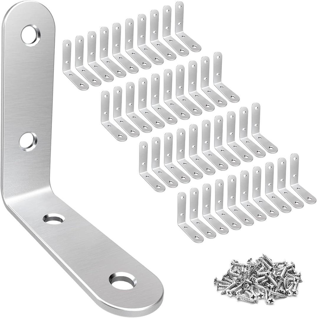 LuckIn 40 Pcs L Bracket Stainless Steel Corner Brace Sets, 90 Degree Right Angle Shelf Brackets with Screws for Wood Furniture, Chairs, Table, 50mm x 50mm, Silver, 2 Inch