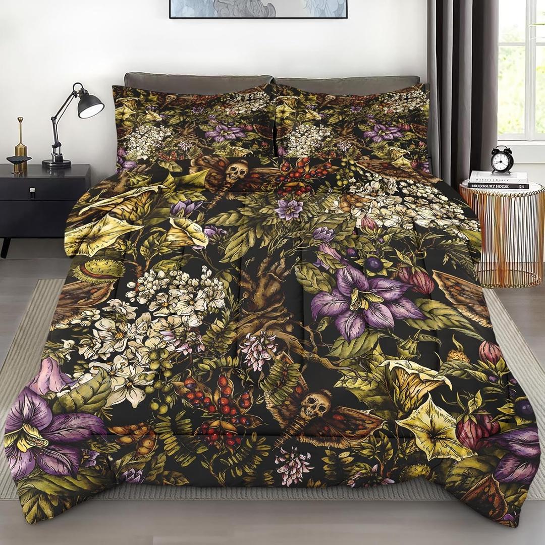 Comforter Set Queen Size, Flower Plants Vintage Moth Soft 3 Pcs Bedding for Kids and Adults, Witch Comforter Set with 2 Pillowcases, for Bedroom Bed Decor (Vintage Floral Skull)