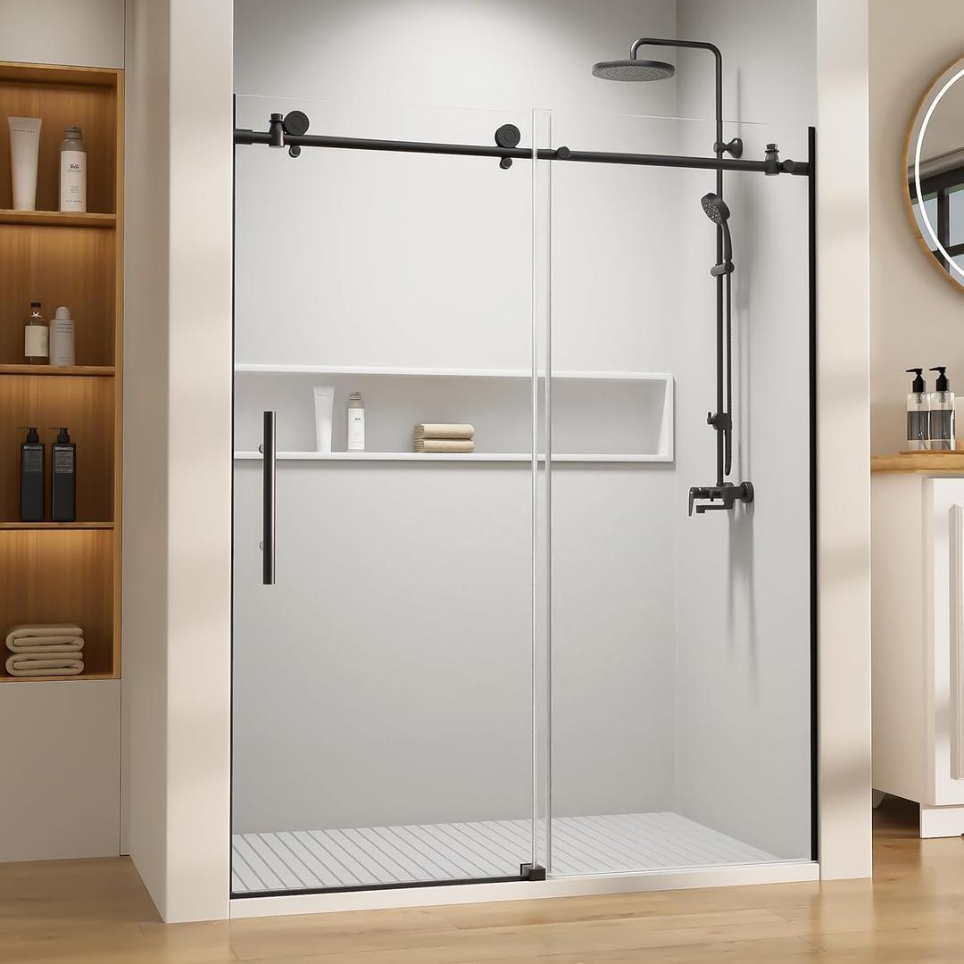 Frameless, 56"-60" W x 74" H Dual Sliding Shower Door, 5/16"(8mm) Thickness SGCC Shower Glass Door, Shower Doors for Walk in Shower, Stainless Steel Handle, Waterproof Seal Strip, Matte Black