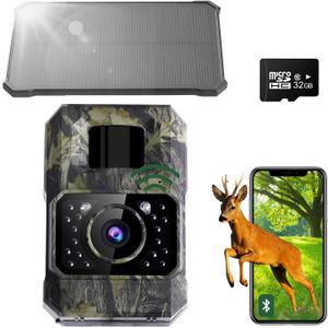 Solar Trail Camera 48MP 30FPS, WiFi Bluetooth Game Camera with Motion Activated 0.2s Trigger, Night Vision Motion Activated IP66 Waterproof for Wildlife Scouting with 32GB Micro SD Card (Grey)