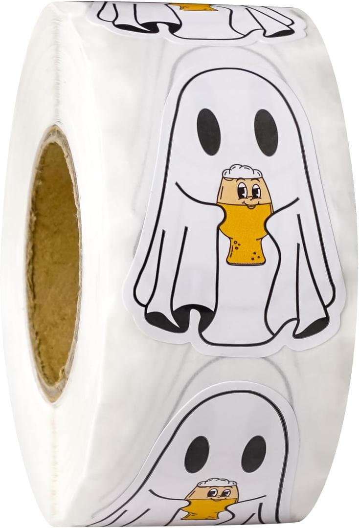 2 x WRAPAHOLIC Halloween Ghost Stickers Roll - Adorable Ghost Beer Design, 2 x 1.37 Inch, 500 Total Labels, Perfect for Gift Wrap & Shipping, Halloween, Kids Treat Bags, Outdoor Use
