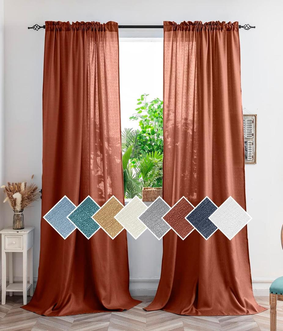 Yancorp Terracotta Curtains - 63 Inch Length, 2 Panels Linen Textured Sheer Curtains Set - Light Filtering Semi Sheer Drapes for Living Room & Bedroom (Terracotta, W52 x L63)