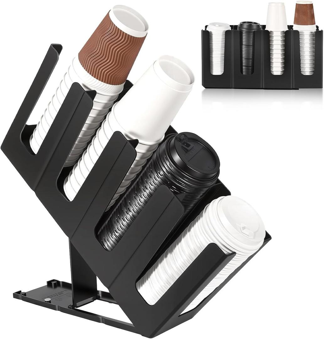 Coffee Cup Holder, 4 Compartment K Cup Holder for Coffee Station Bar, Adjustable Cup Organizer for Countertop, 17" L x 4" W x 18.5" H Paper Holder for Restaurant, Breakroom, K Cup Shop, Black