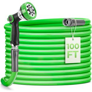 Garden Hose 100 Ft With 8-Pattern Spray Nozzle, 5/8" Lead-Free Flexible Water Hose With 3/4" Anodized Aircraft-Grade Aluminum Interface, Lightweight Kink-Resistant Water Pipe For Lawn, Yard, Outdoor