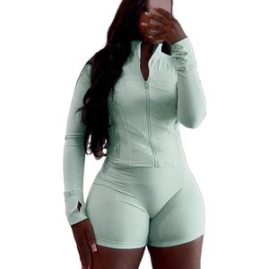 Vssjavun Women 2 Piece Outfits Sweatsuit Sets Long Sleeve Full Zip Workout Jacket Bodycon Shorts Set Tracksuit Loungewear, light green, Small