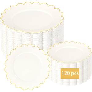 LIYH 120 Pcs Ivory Scalloped Plastic Plates Disposable - Ivory and Gold Plastic Plates - Gold Fancy Disposable Party Dinner & Dessert Plate for Wedding Birthday